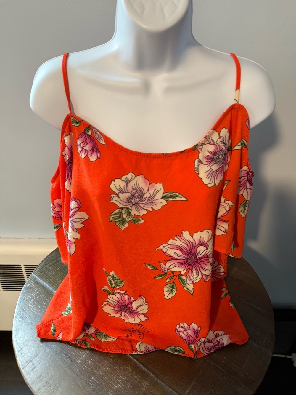 Bright Orange Floral Cold-Shoulder Top